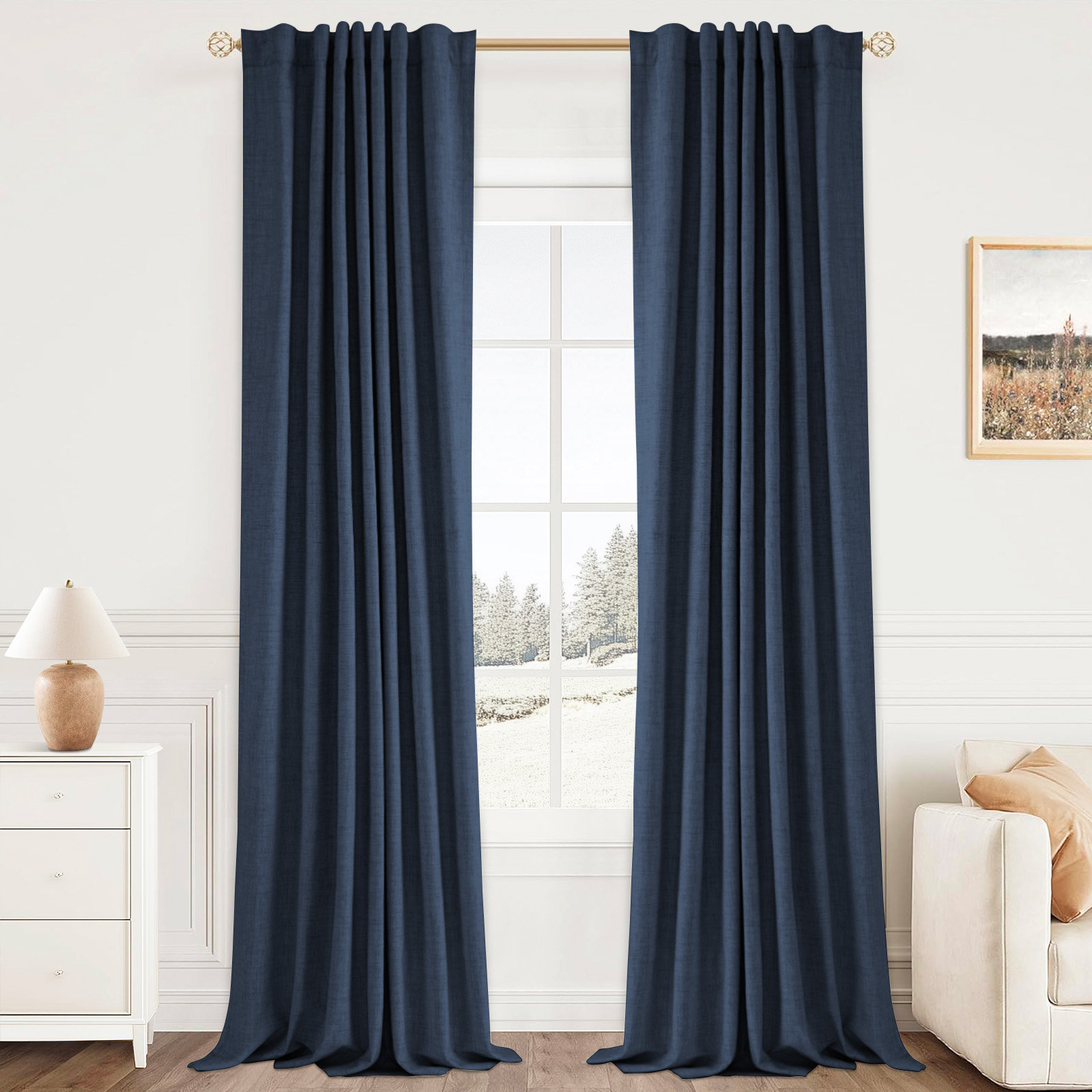 Graciella Faux Linen Blackout Curtain Set, 50" W x 96" L, Midnight Blue