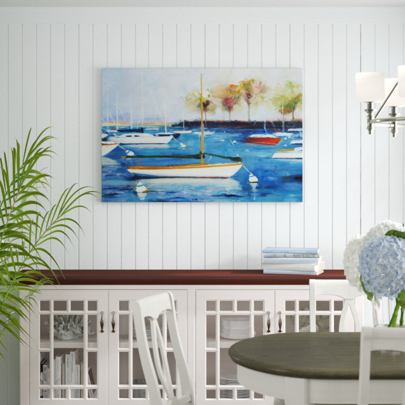 Mooring Basin by Curt Crain - Painting on Canvas, 81cm H x 122cm W, Black Floater Framed