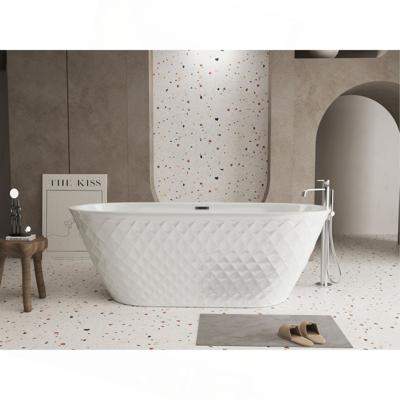 Baignoire autoportante 59 po en acrylique avec motif à losanges unique: forme ovale spacieuse, finition blanc brillant, débordement de chrome et bonde escamotable certifiée CUPC