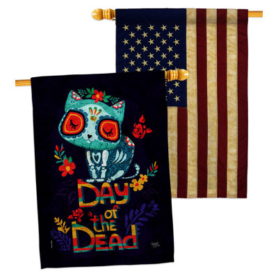 Drapeau de maison en polyester 40 x 28 po Day of Mort Skull Cat