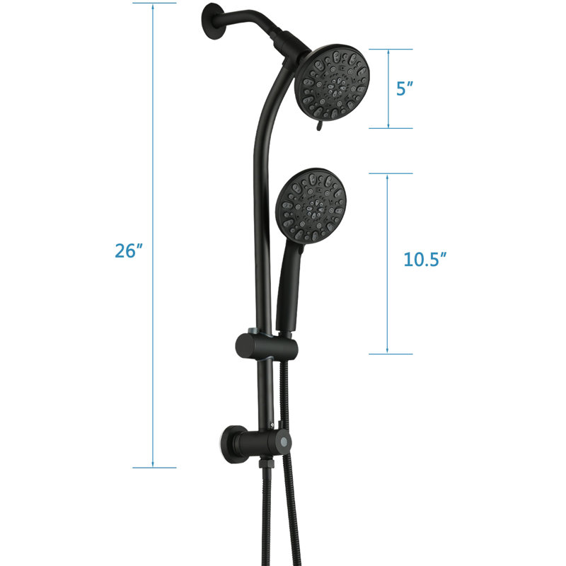 Pomme de douche à main à 7 jets et douche à effet pluie de 5 pouces, barre coulissante ajustable de 26 po, 1,8 gal / min, installation, acier inoxydable ABS noir, pomme à angle réglable, 7 jets pour une douche énergisante avec,