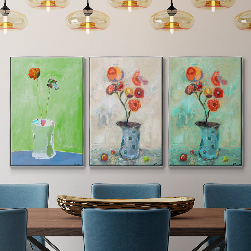 Orange pop encadrée sur toile, 3 pièces, H 27 po x l 54 po x P 2 po, Encadrement argenté