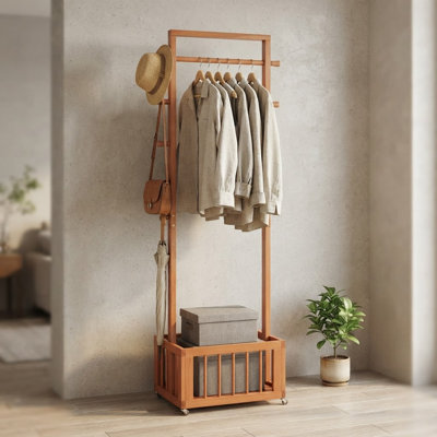 Solid Wood Freestanding Coat Rack with Rolling Wheels & Storage Basket