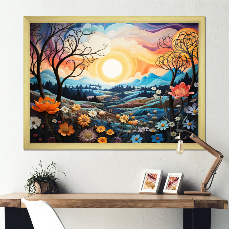 Sian Art Mandala Sky III - Asian Art Wall Decor, Encadrement doré, H 16 po x l 32 po x P 1 po