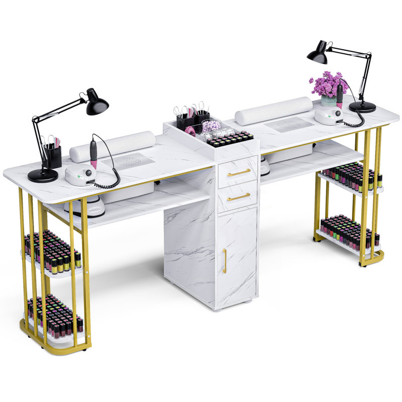 Flemings Double Position Nail Desk Professional Manicure Station with Dust Collector and Wrist Cushion, Drawer and Storage Shelf