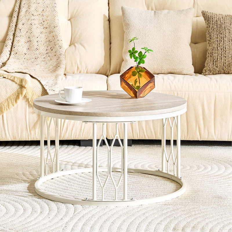 Table basse ronde en panneau de fibres à densité moyenne avec texture effet pierre, diamètre de 27,5 pouces. Table basse ronde pour le salon. Table basse ronde de style Wabi-sabi avec des pieds en métal robustes et un assemblage facile.
