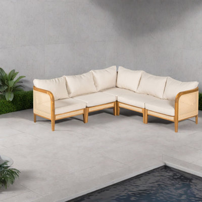Canapés de patio spacieux 5 places, bois d'acacia teck beige, ensemble d'extérieur moderne