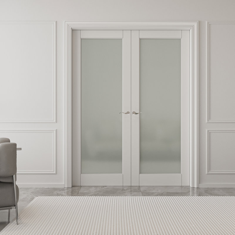 Portes doubles intérieures en bois massif en verre givré 1-Lite, 64 po x 80 po, Quincaillerie argentée