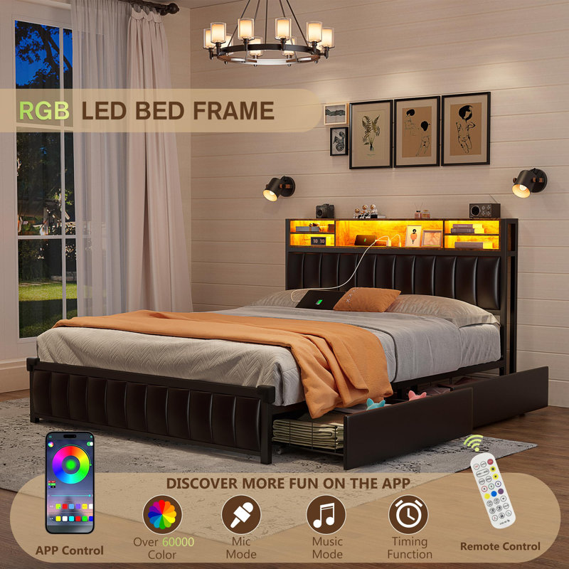 Full Size Black Upholstered Platform Bed with Storage and LED Lights