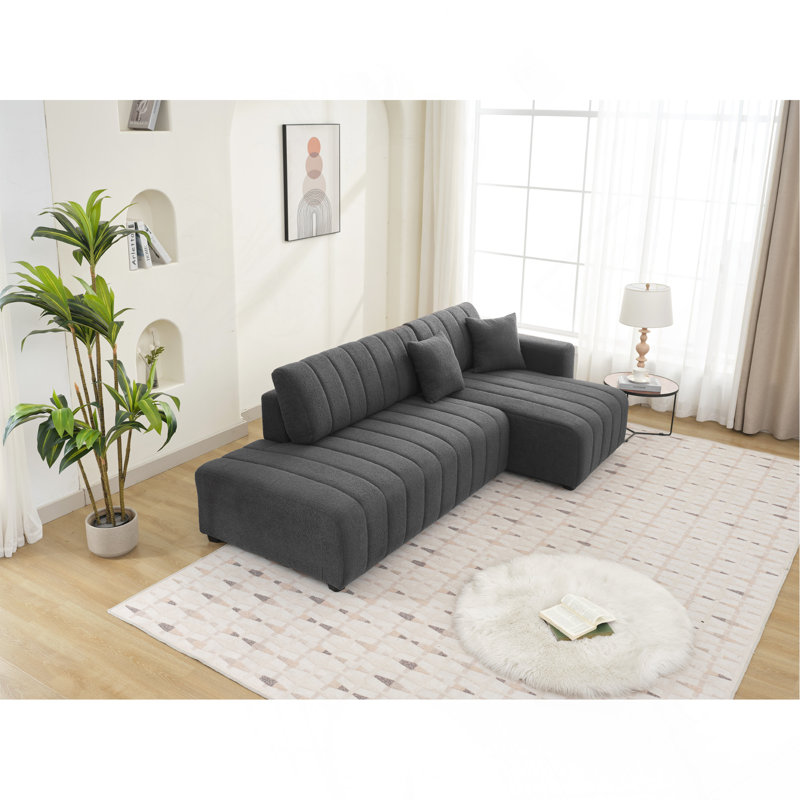 Canapé d'angle capitonné en forme de L Plush avec coussins décoratifs, Gris foncé