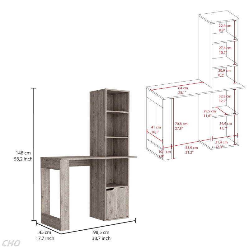 Computer Desk With Bookcase And Cabinet, Grey