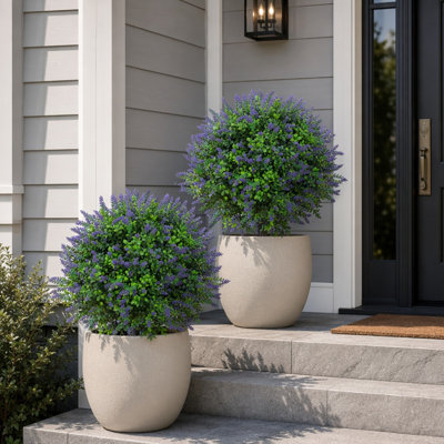 2 Pack Faux Lavender Topiary Ball Trees with Ground Spike, 27" UV Resistant Artificial Boxwood Shrubs, Fake Evergreen Artificial Plant Bush for Indoor Outdoor Front Porch Garden