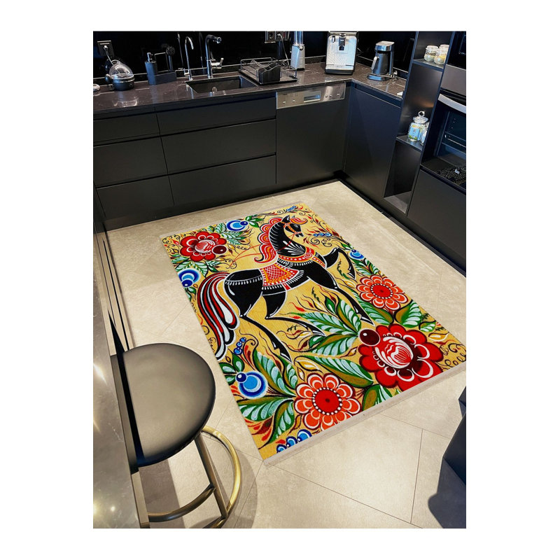 Multicolor Noble Horse and Flower Figures Patterned Creative Modern Decorative Rug, Rectangle 4'7" x 6'7" Rug Pad Included