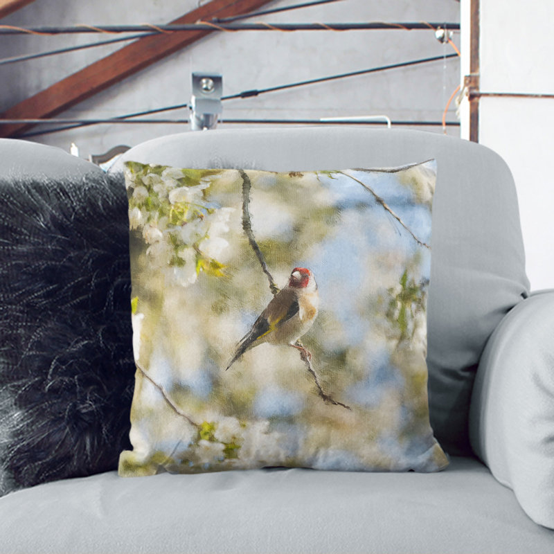 Goldfinch Bird In A Cherry Tree Painting Square Throw Cushion, Black, 55cm H x 55cm W x 20cm D