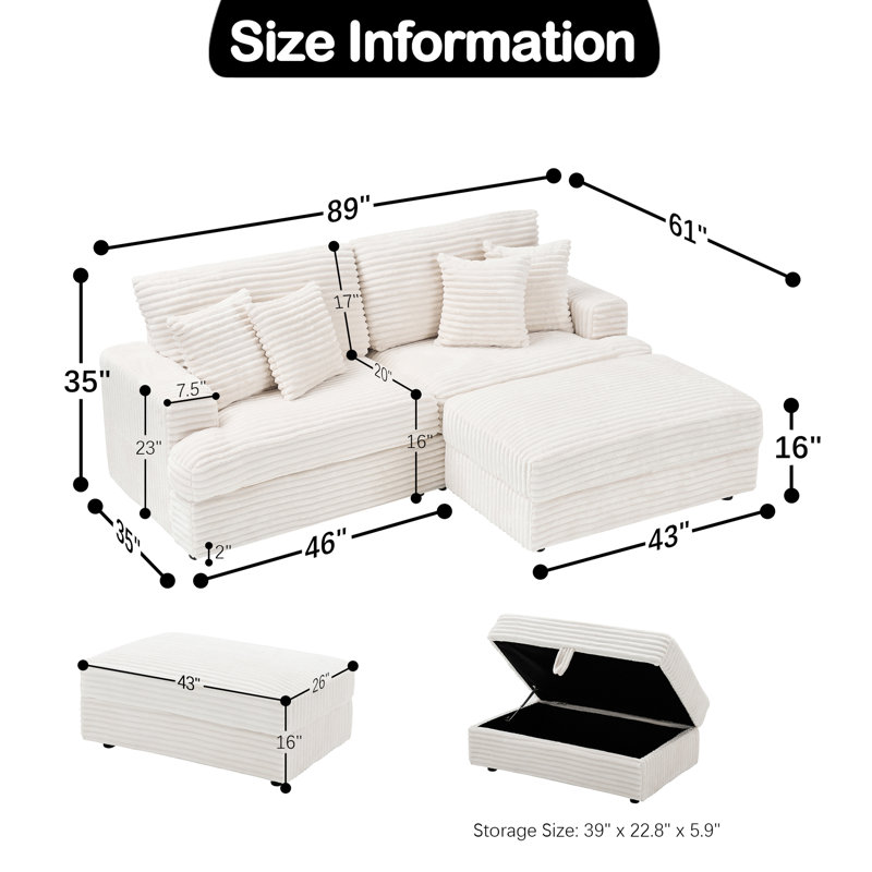 89" Modern 3 Seat Sofa Upholstered Corduroy Couch With Throw Pillows And Ottoman Suitable For Living Room, Bedroom, Office