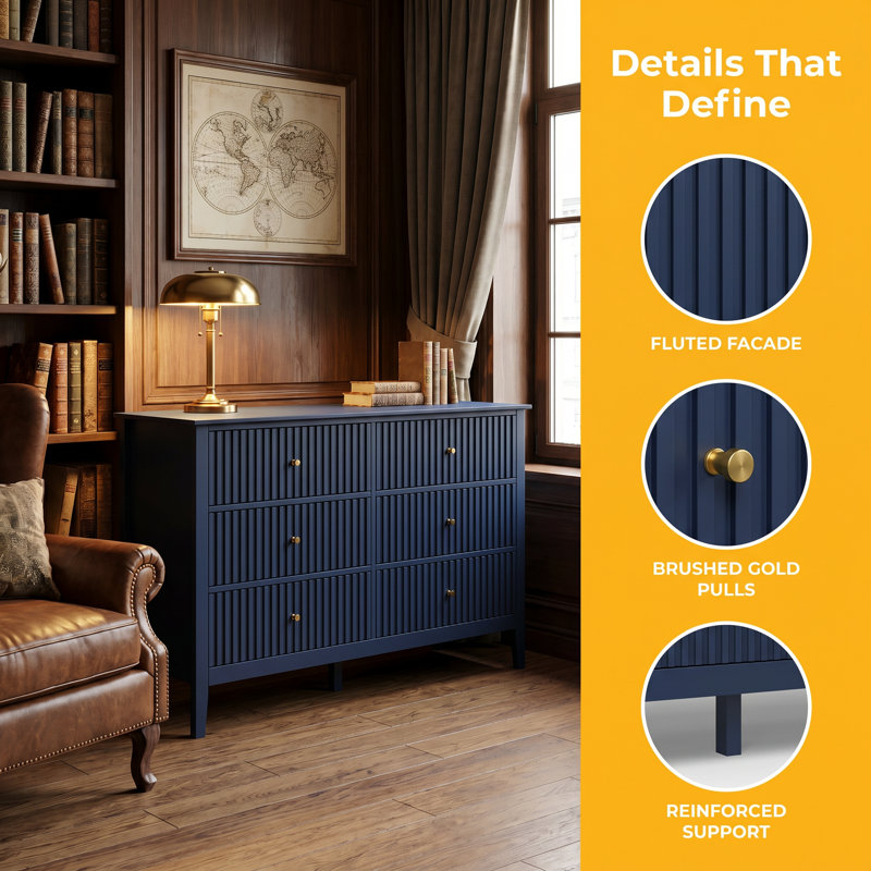 120 cm W Chest of 6 Drawers, Blue