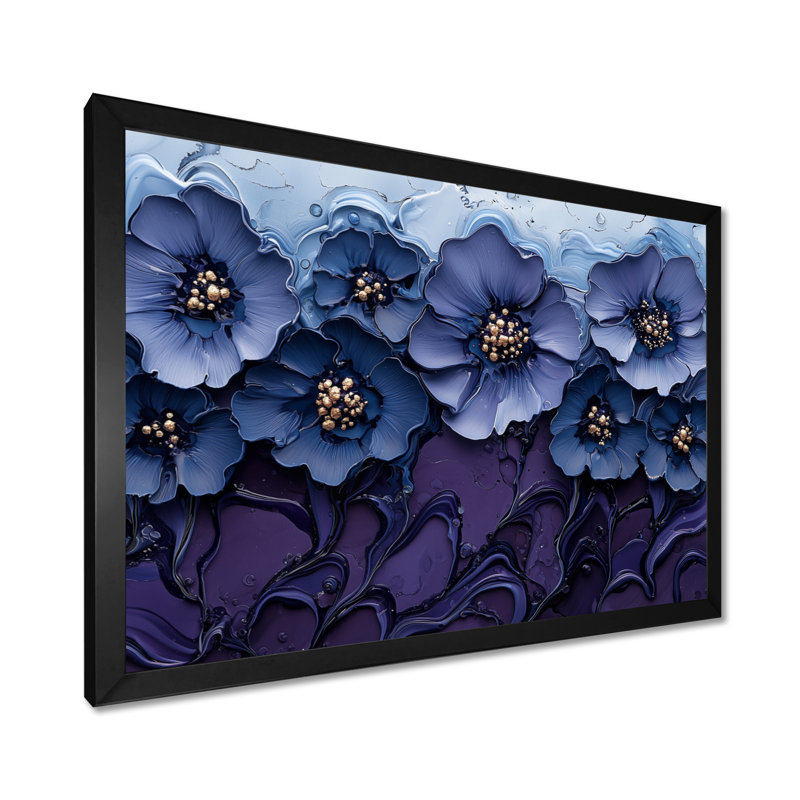 «Aqua Blue Poppies Dreamscape At Night II», art mural coquelicots, H 16 po x l 32 po, Cadre simple noir