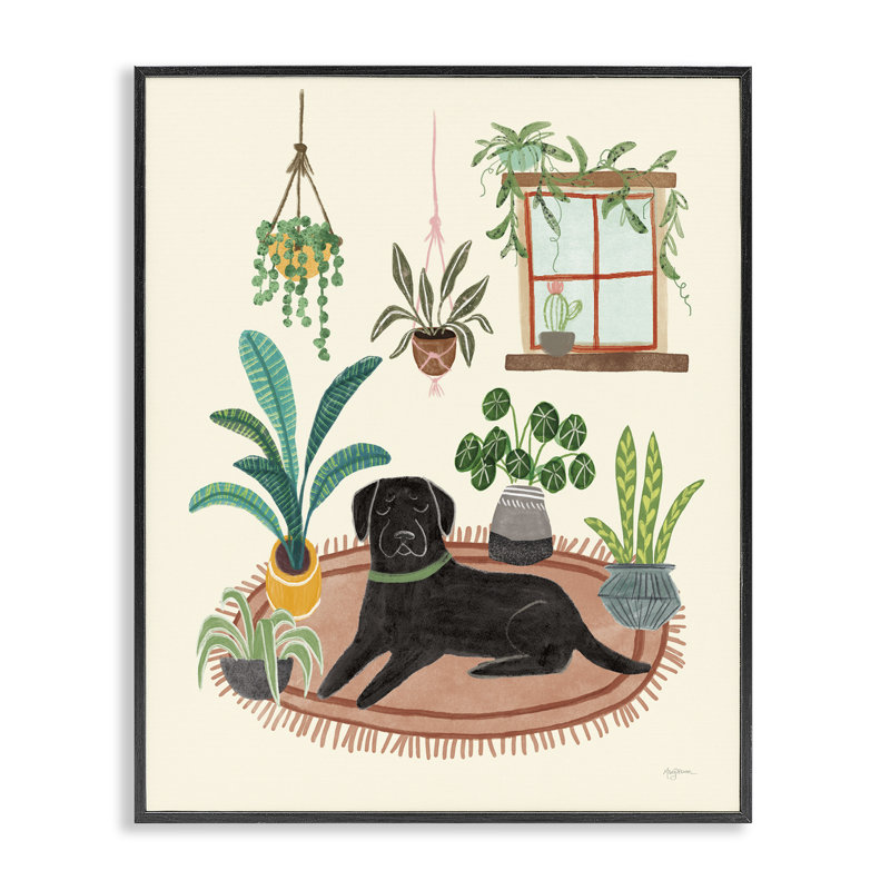 «Fun Dog & House Plants», art de la giclée encadrée par Mary Urban, Giclée encadrée noir minuit, H 14 po x l 11 po