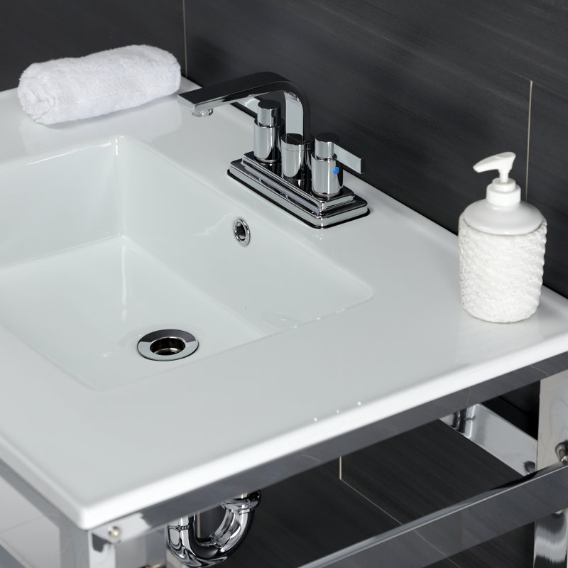 Kingston Brass Quadras 31-Inch Ceramic Console Sink with Steel Base and Shelf, White/Chrome, 4" Centers