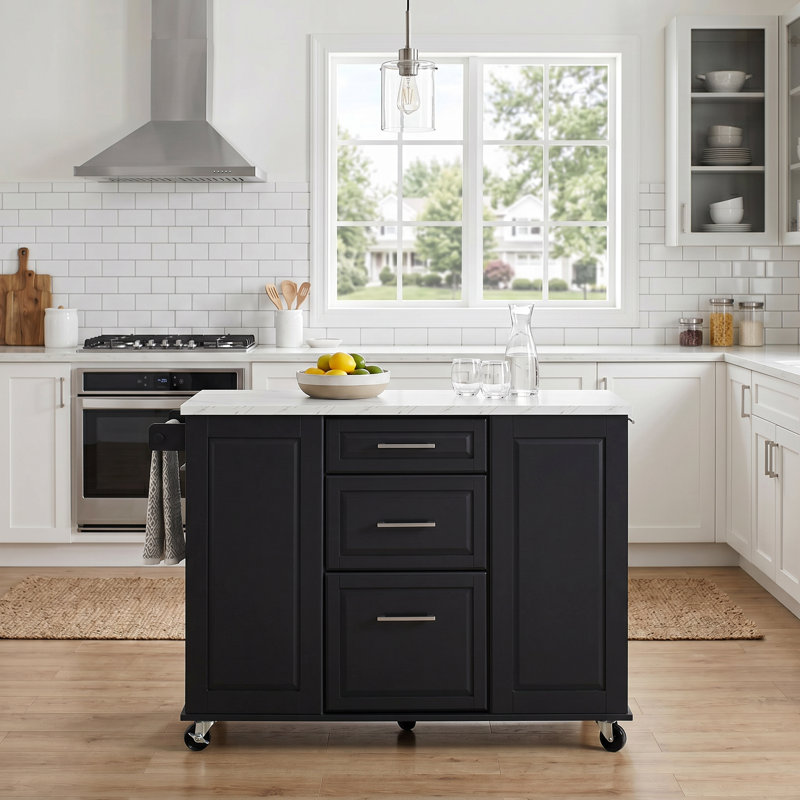 Kitchen Island Fits for Home with Drop Leaf Countertop, Hidden Trash Cabinet & Pull-Out Organizer, Black