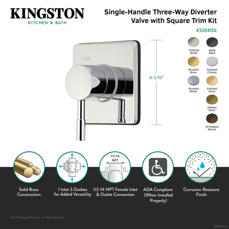 Kingston Brass Concord Single-Handle Wall Mount Three-Way Diverter Valve with Trim Kit, Polished Chrome