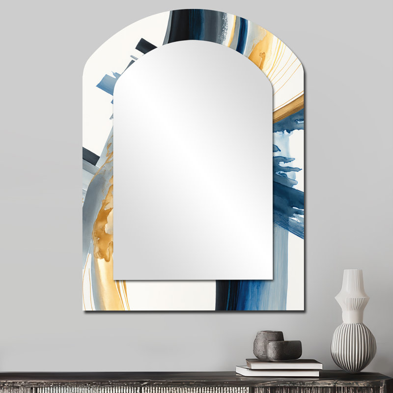«Blue and Gold Swirl Abstract I - Abstract Spirals Arch Mirror», miroir mural asymétrique bleu unique, impression sur métal