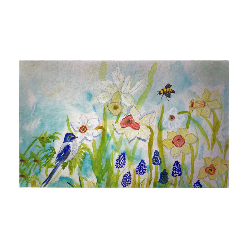 Tapis d'entrée antidérapant pour oiseaux et jonquilles, Rectangle 1 pi 6 po x 2 pi 2 po