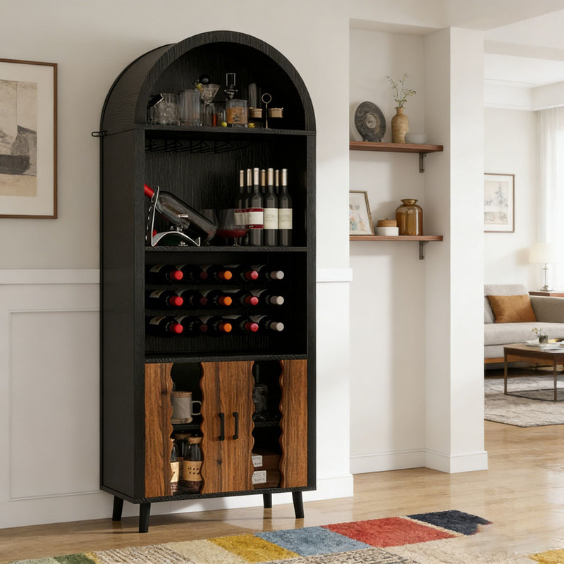 71"Farmhouse Arched Wine Bar Cabinet, Black+Natural