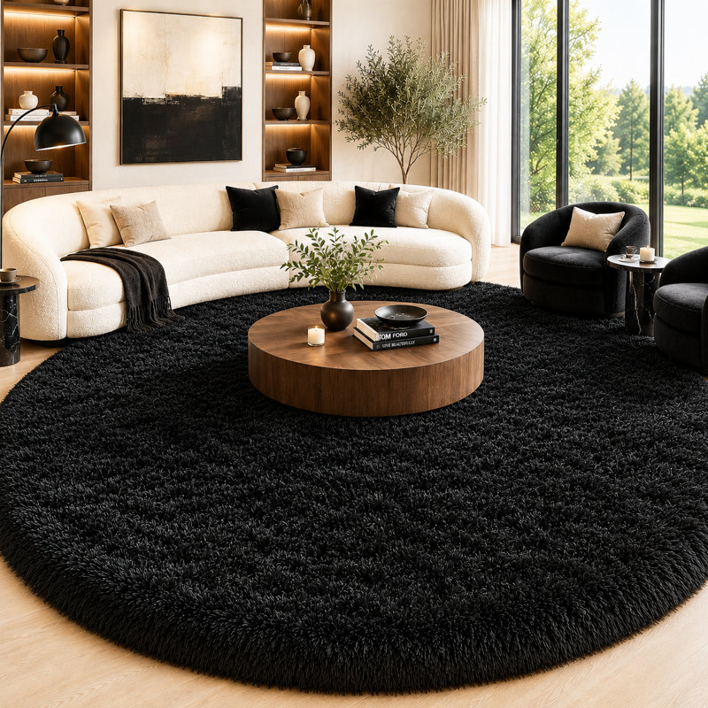 5x5 ft Black Round Rug for Bedroom Room Fluffy Circle Rug Furry Carpet Shaggy Circular Fuzzy Washable Non-Slip Large Area Rug Soft Indoor for Living Room Cute Aesthetic Home Decor