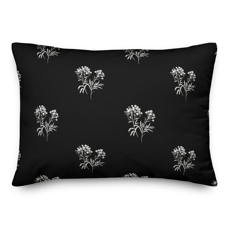  Coussin décoratif floral intérieur / extérieur en polyester, Noir, H 14 po x l 20 po