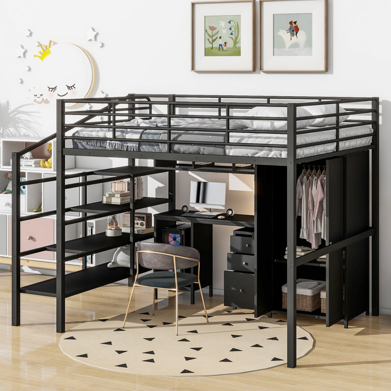Full Size Metal Loft Bed with Desk and Wardrobe – Kids & Teen Space-Saving Multi-Functional Bed, Black