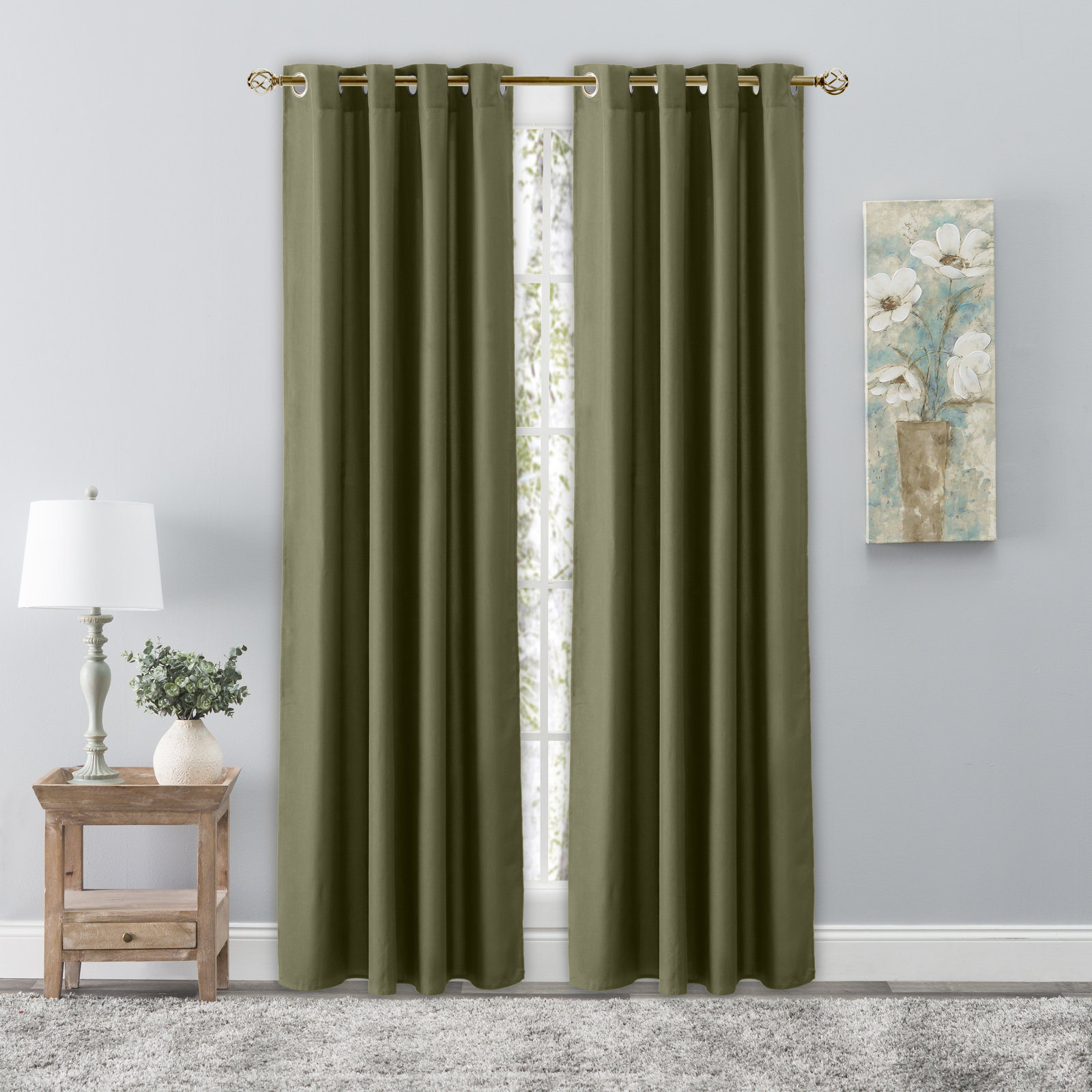 Lakeland Solid Semi-Sheer Grommet Curtain Panel, Spanish Moss, 56" W x 84" L