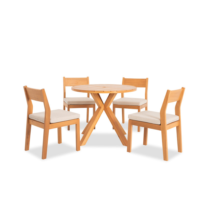 5-piece Eucalyptus Wood Patio Dining Set With Cushioned Chair, 4