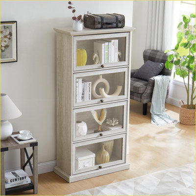 Cabinets, 4-Tier White Glass Display Curio Cabinet with Flip-Up Doors | Modern | MDF+Glass