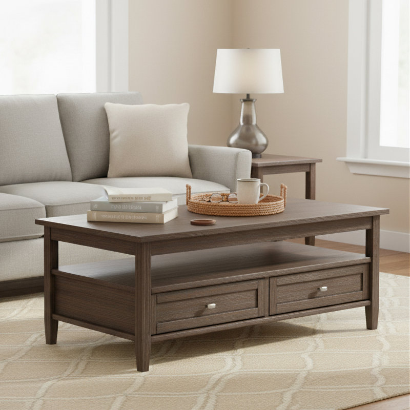 Warm Shaker 48"W Solid Wood Transitional Coffee Table with Storage Drawers and Open Shelf, Farmhouse Brown