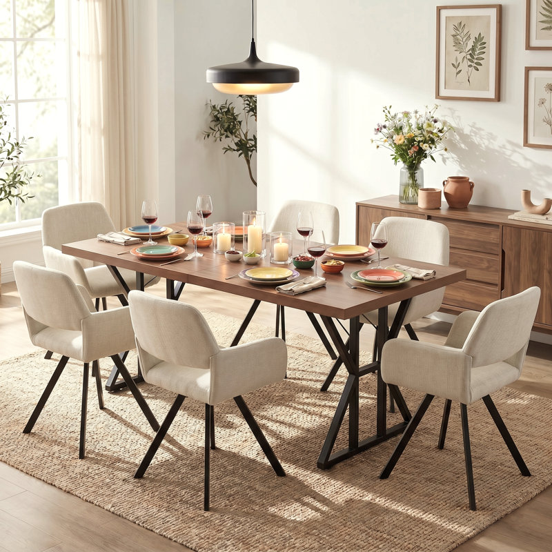Ensemble de table de salle à manger 7 pièces avec fauteuils pivotants rembourrés, table rectangulaire aspect bois et base en métal