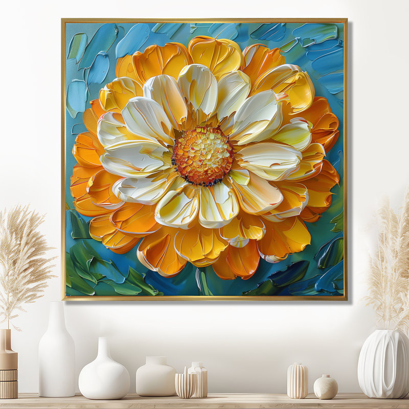 Peinture jaune jaune souci en fleurs I - décoration murale souci, Cadre flottant doré, H 16 po x l 16 po x P 1 po
