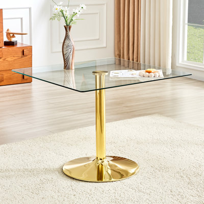 38.5-inch Modern Minimalist Square Glass Table, 38.5" x 38.5" x 29.5", Glass+Metal, 2 Pieces, Dining Tables, Gold,Transparent, Tempered glass tabletop, transparent and scratch-resistant: