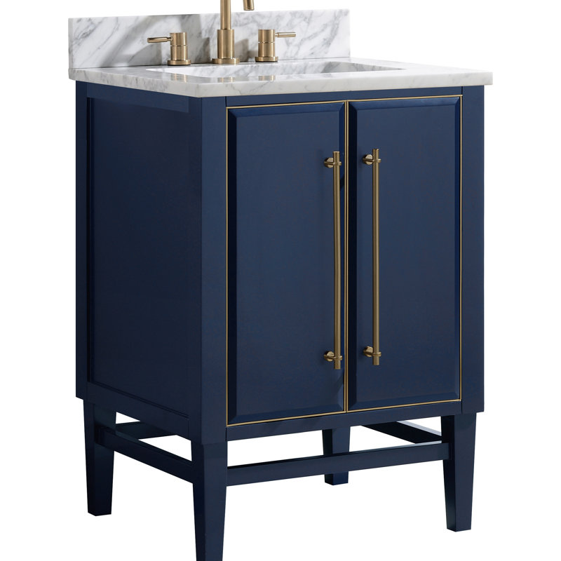 Swihart 25'' Single Bathroom Vanity with Marble Top, Navy Blue/Gold, Matte Gold, Carrara White
