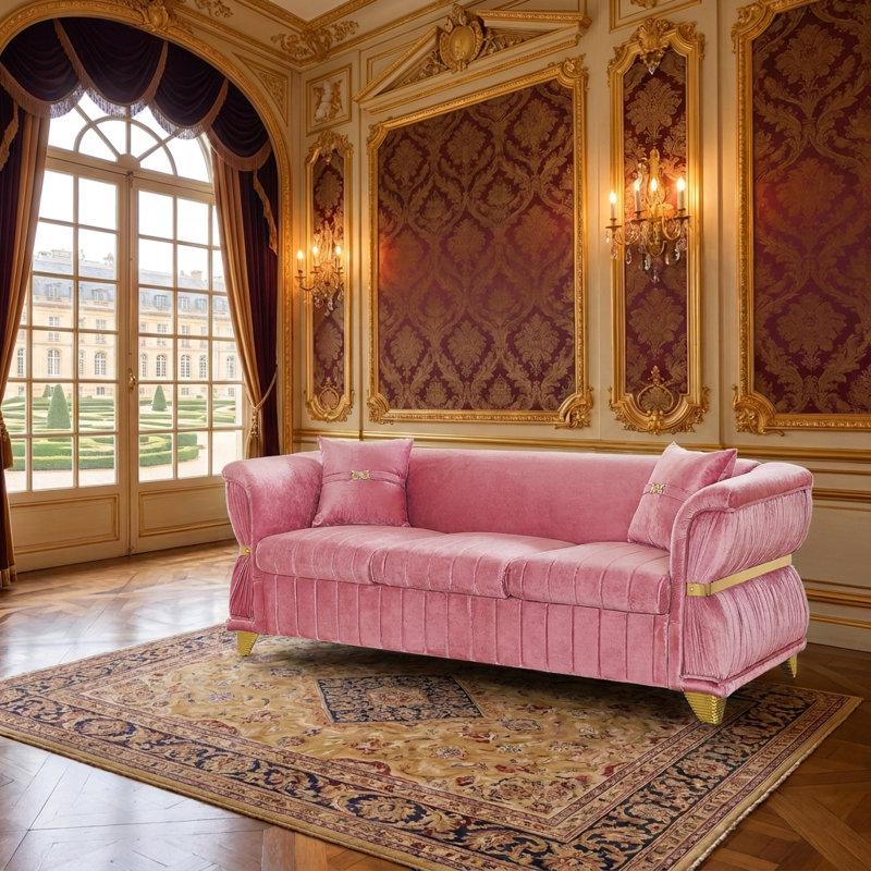 Canapé moderne de 83,5 po avec garniture dorée, accoudoirs courbés et 2 coussins décoratifs, Rose