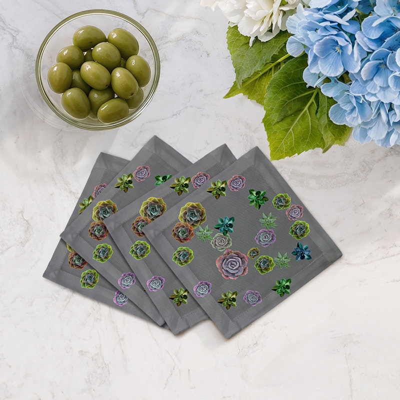 Succulents Floating Cotton Sateen Cocktail Napkins, Gray