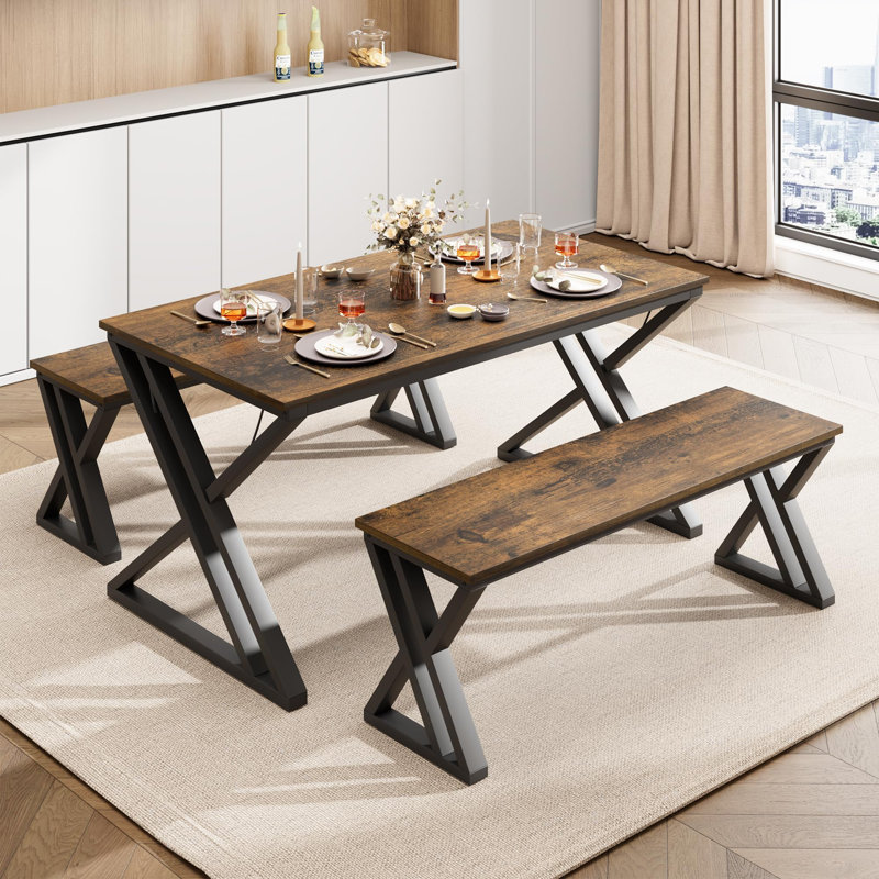Square Dining Table Set for 4, Extendable Wooden Table with Upholstered Chairs, Compact Kitchen Set, Brown/Black, Brown