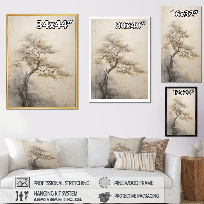 «Beige Tree Pine Zen Scenery IV», reproduction d'art sur toile, Cadre simple blanc, H 40 po x l 30 po x P 1,5 po