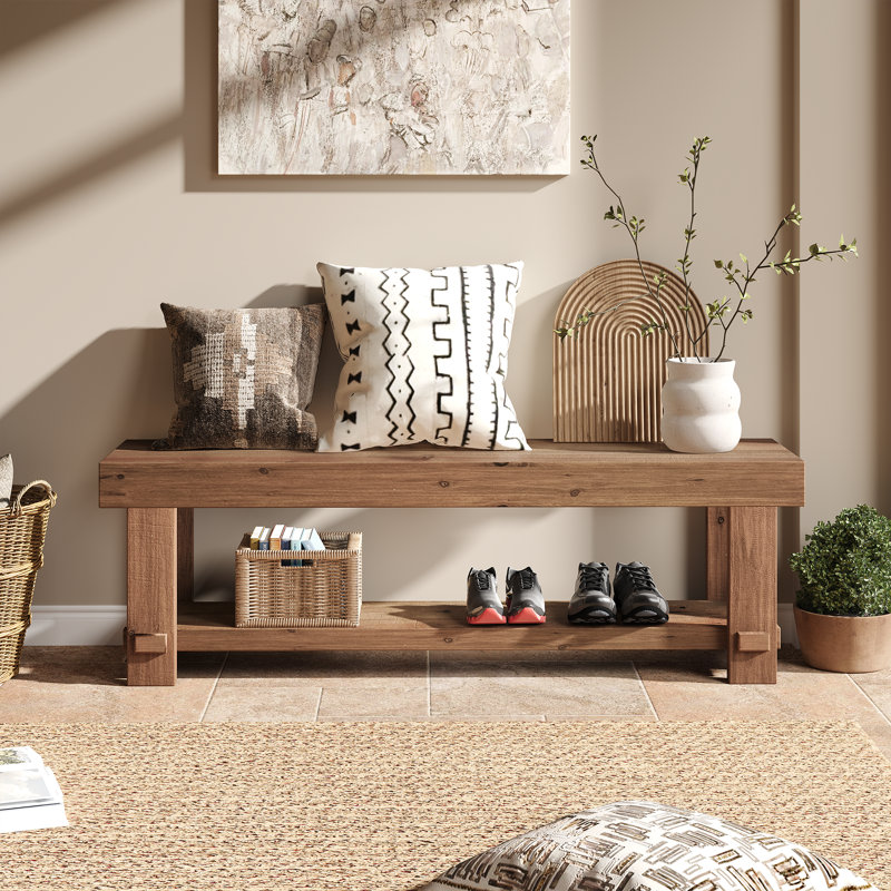 Banc en bois de sapin massif avec tablette de rangement Danard, L 51,2 po