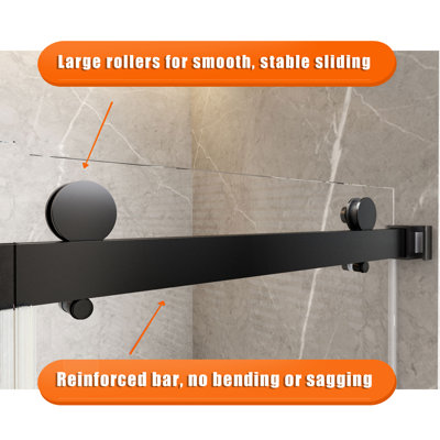 Porte de douche coulissante double sans cadre 66 x 72 po x H 76 po en noir mat avec verre trempé transparent de 8 10 mm 3/ 3/8 po