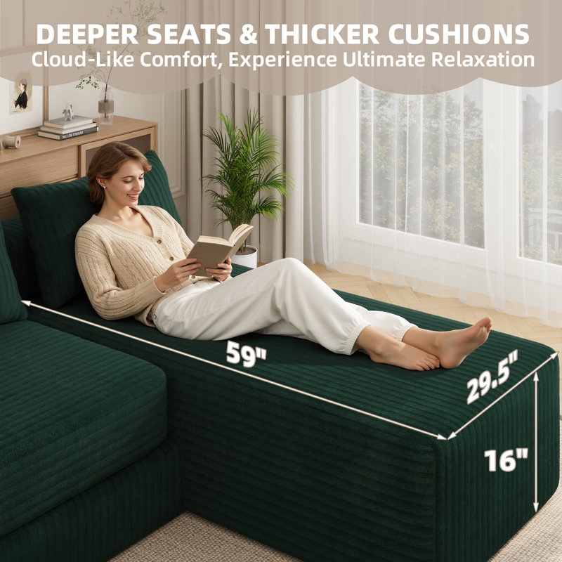Canapé-lit modulaire convertible 4 en 1 avec méridienne réglable et siège profond, rembourré, avec 2 coussins, sans assemblage, vert
