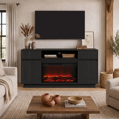 Meuble télé 63,9 po cannelé noir pour téléviseurs de 70 po, console média avec tablettes et tiroirs, compatible avec foyers encastrables de 30 po (vendus séparément), buffet