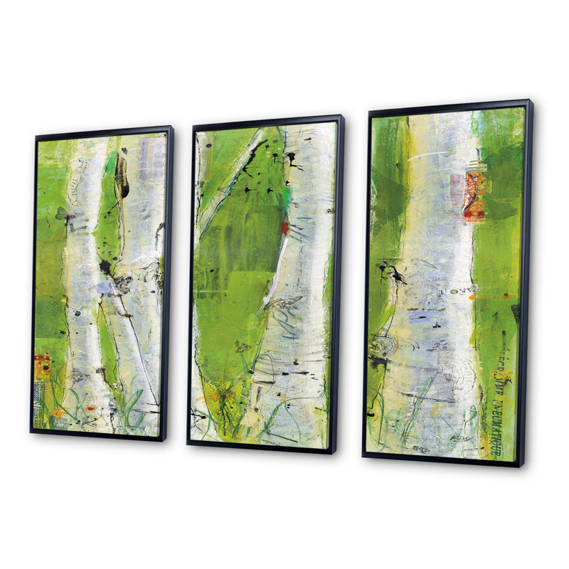 «Green Birch Forest», ensemble d'art mural sur toile encadré traditionnel de 3, H 28 po x l 36 po x P 1 po, Noir