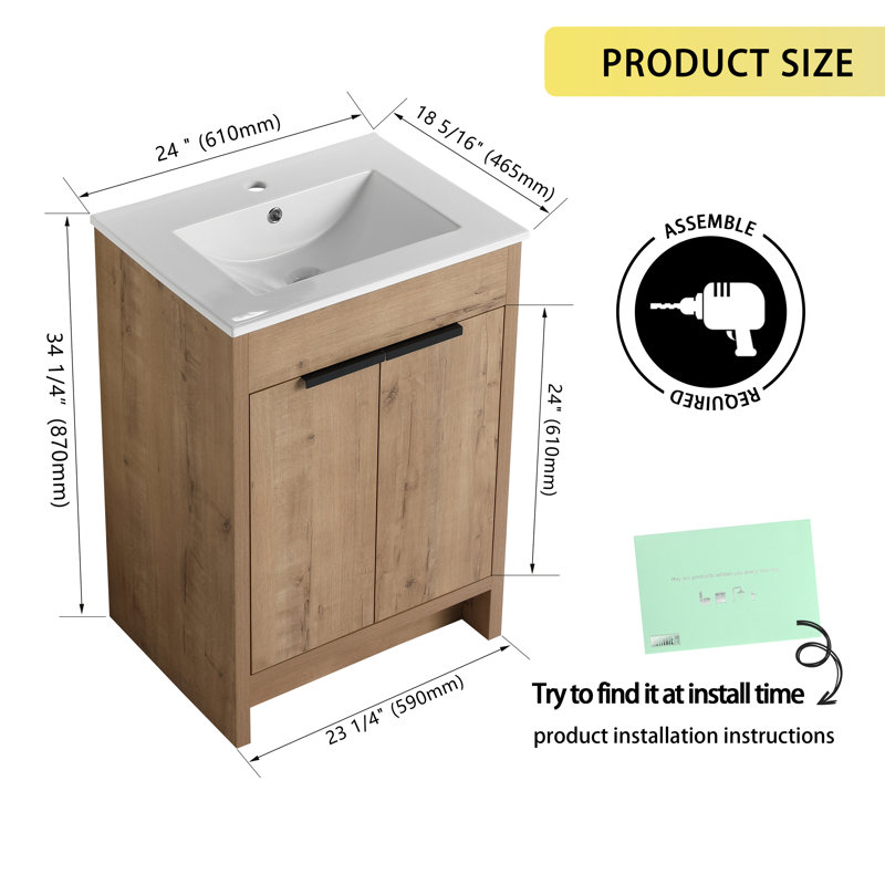 Meuble-lavabo simple 24 po avec comptoir en céramique, Blanc