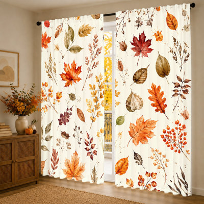 2Pcs Autumn Leaves Print Curtains, Light Filtering Fabric, Watercolor Maple and Berry Pattern, Decorative Window Drapes for Living Room Bedroom Balcony Home Decor